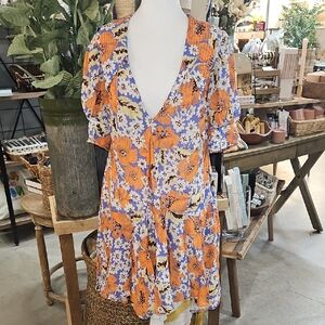 Free People Floral Orange and Blue Women's Dress